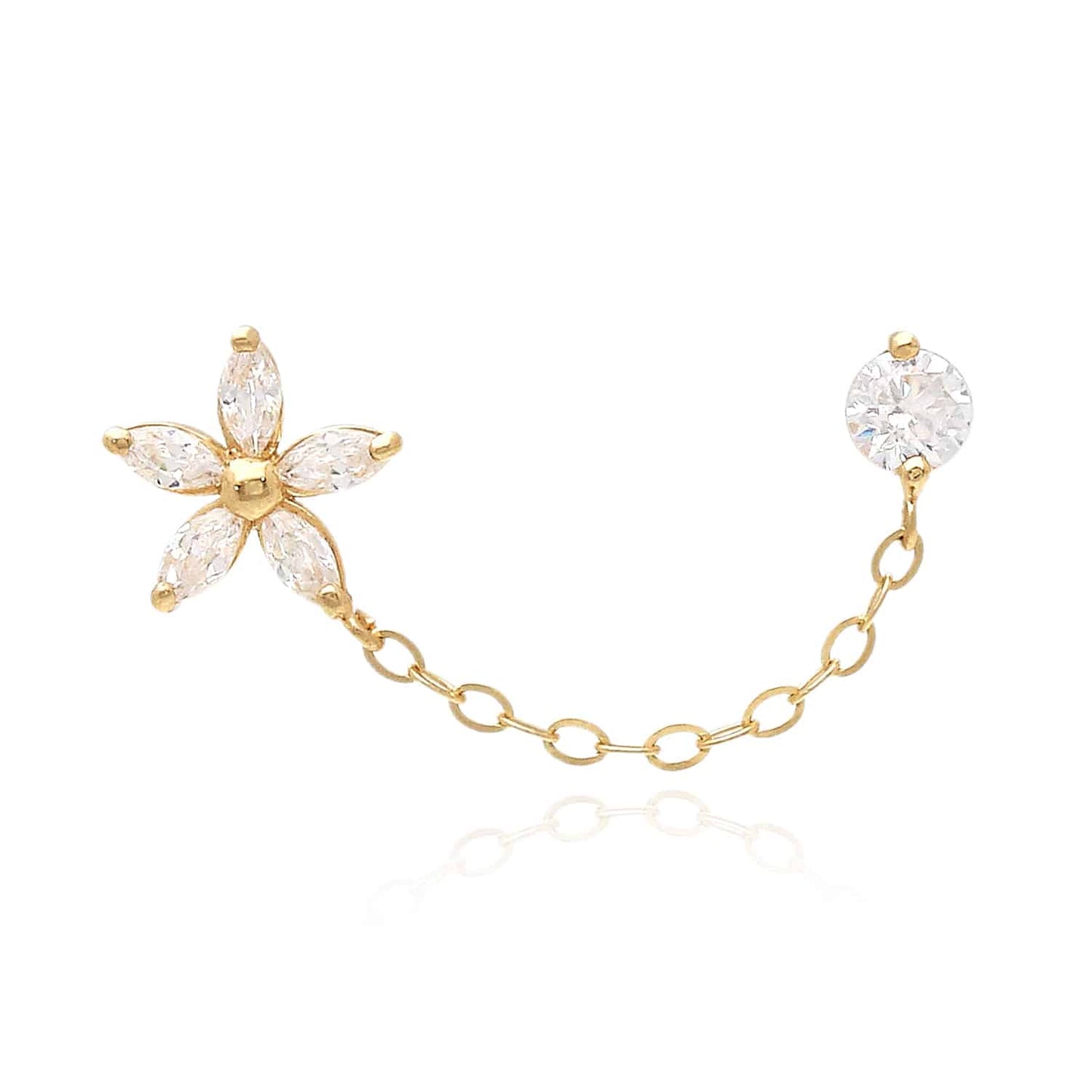 14K Real Gold CZ Flower Stud Double Pierced Earrings