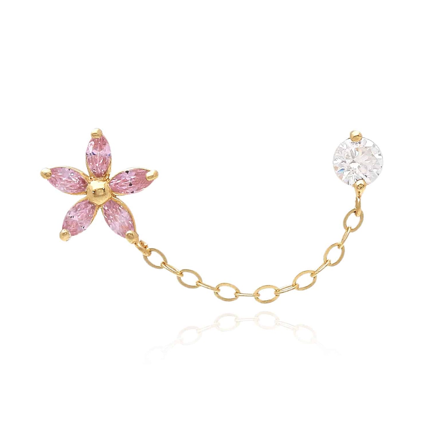 14K Real Gold CZ Flower Stud Double Pierced Earrings