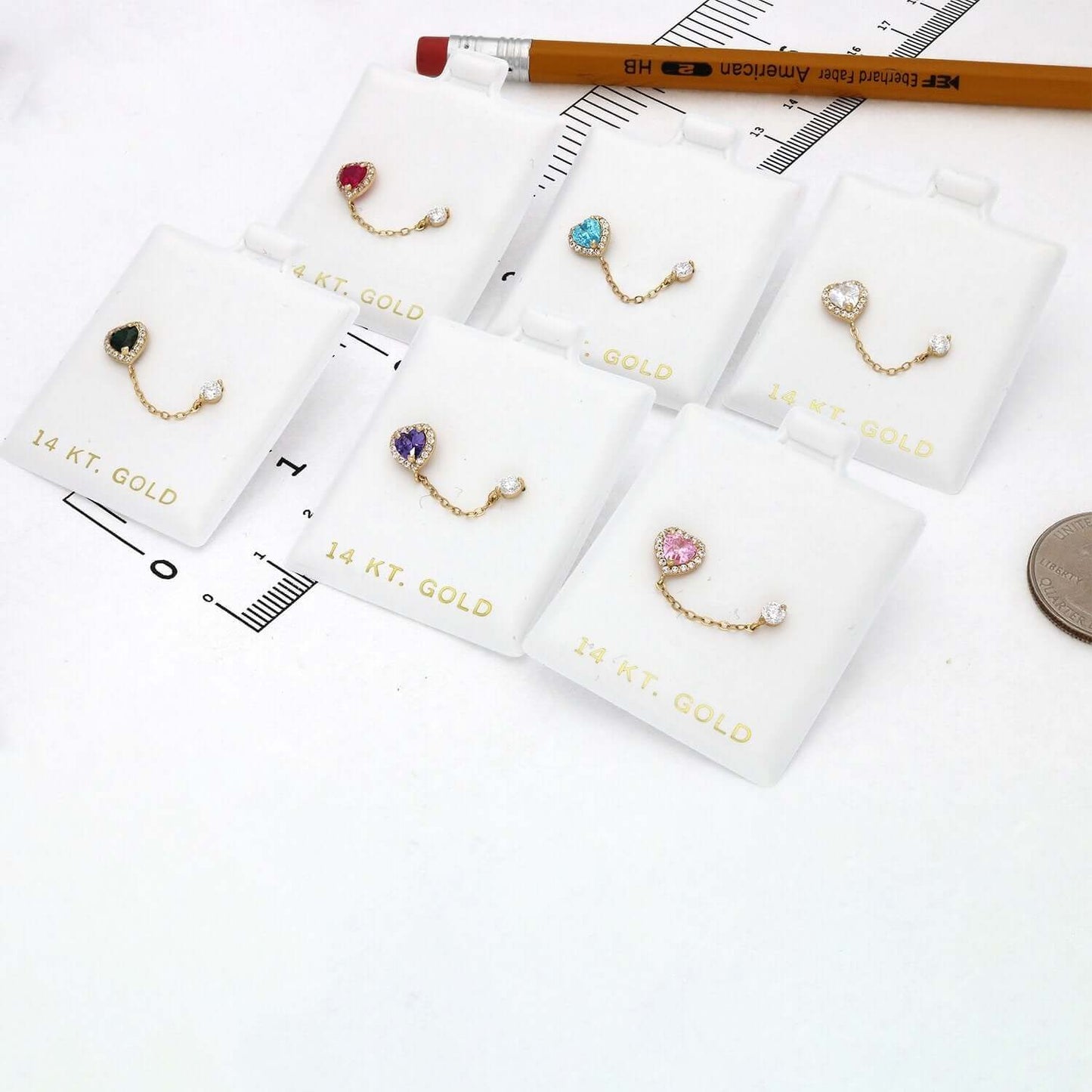 14K Real Gold CZ Halo Heart Stud Double Pierced Earrings