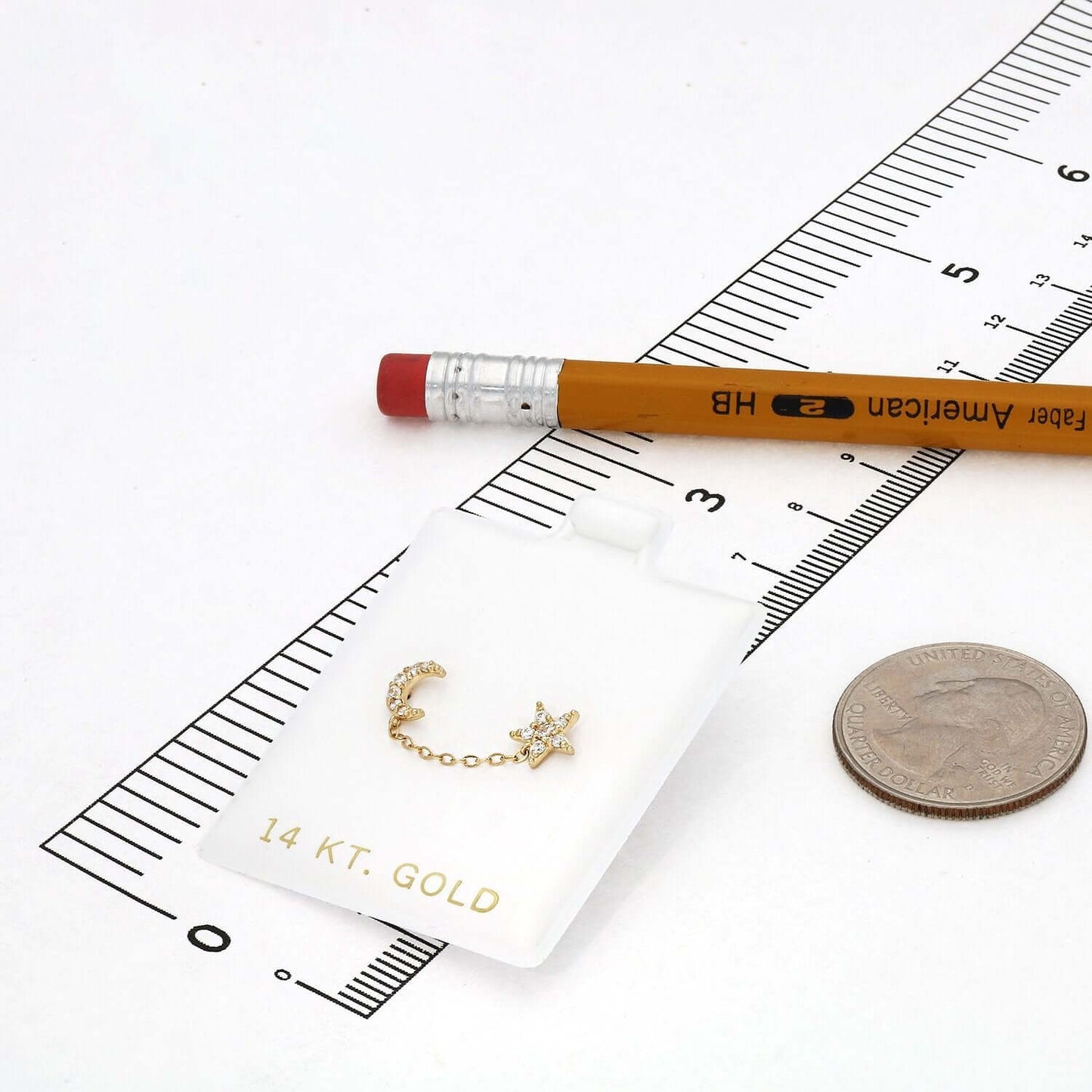 14K Gold CZ Half Moon & Star Double Pierced Stud Earrings