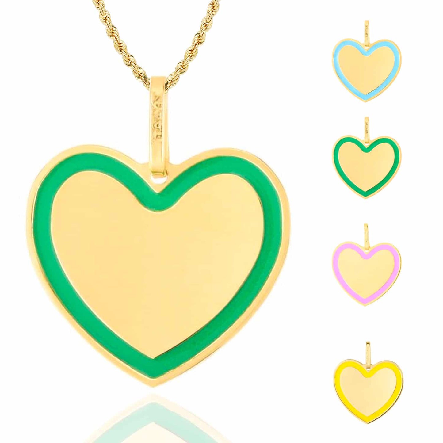 14K Gold Blue Green Pink Yellow Outlined Heart Charm Pendant 0.55"
