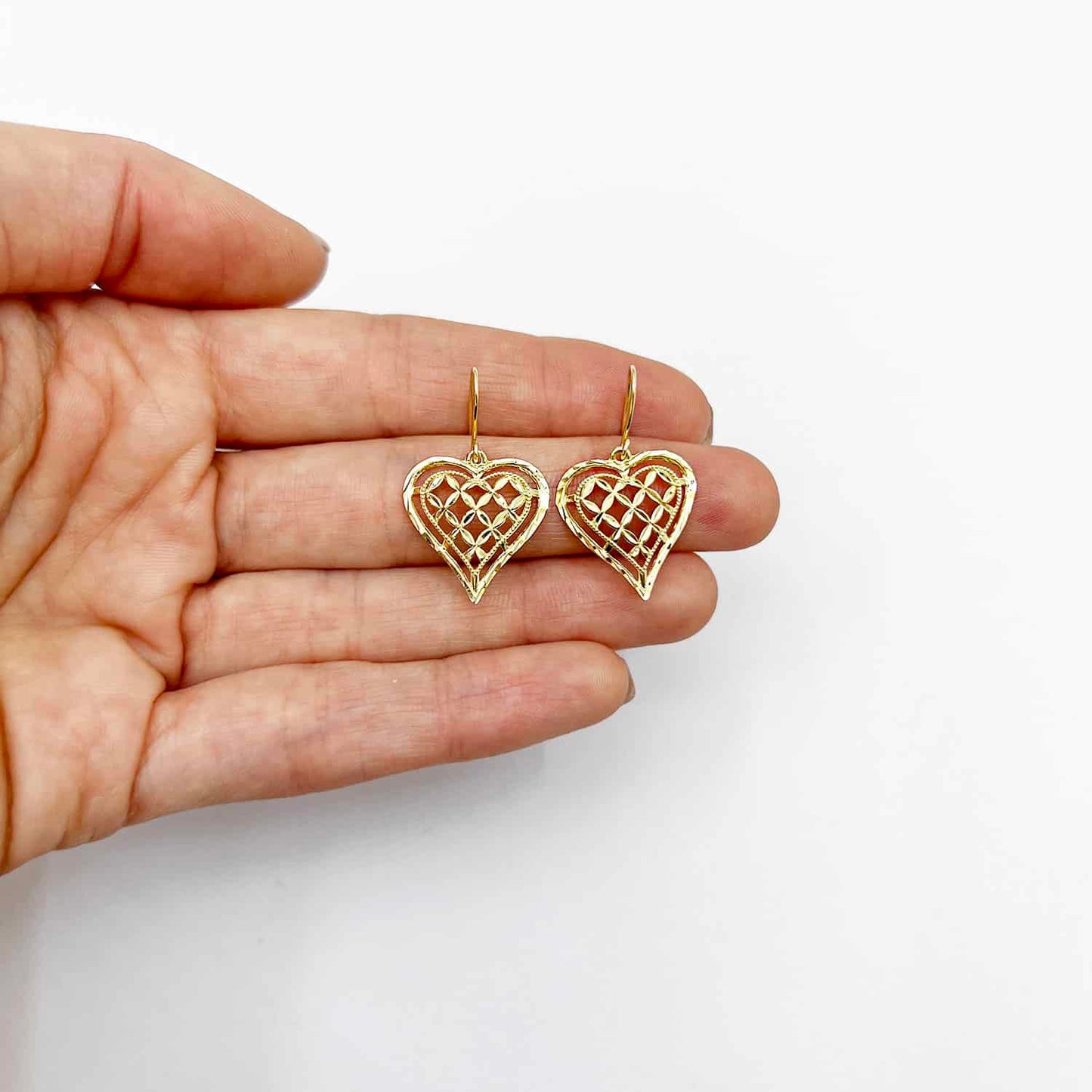 10K Yellow Gold Diamond-Cut Heart Hook Earrings 27.5mm