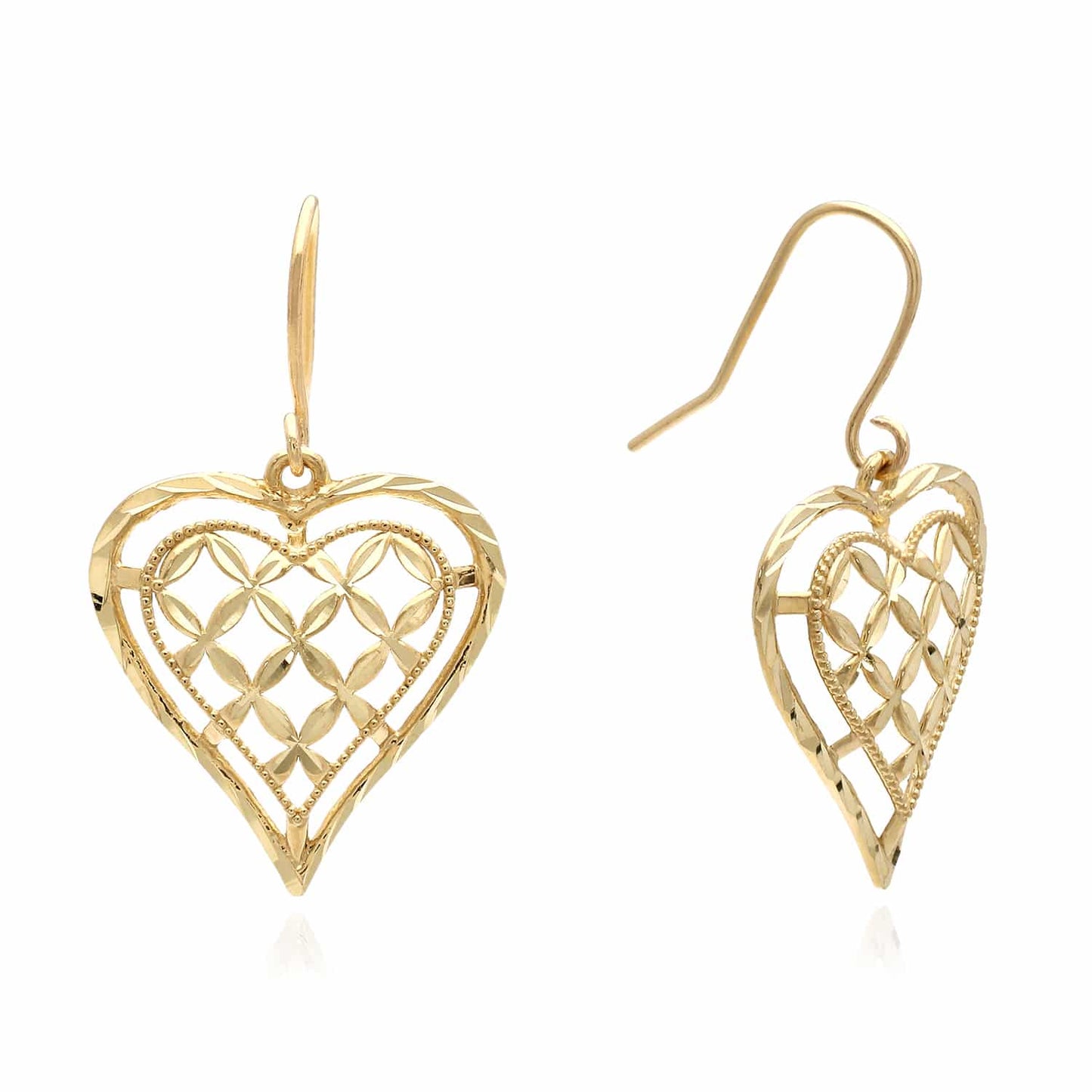 10K Yellow Gold Diamond-Cut Heart Hook Earrings 27.5mm