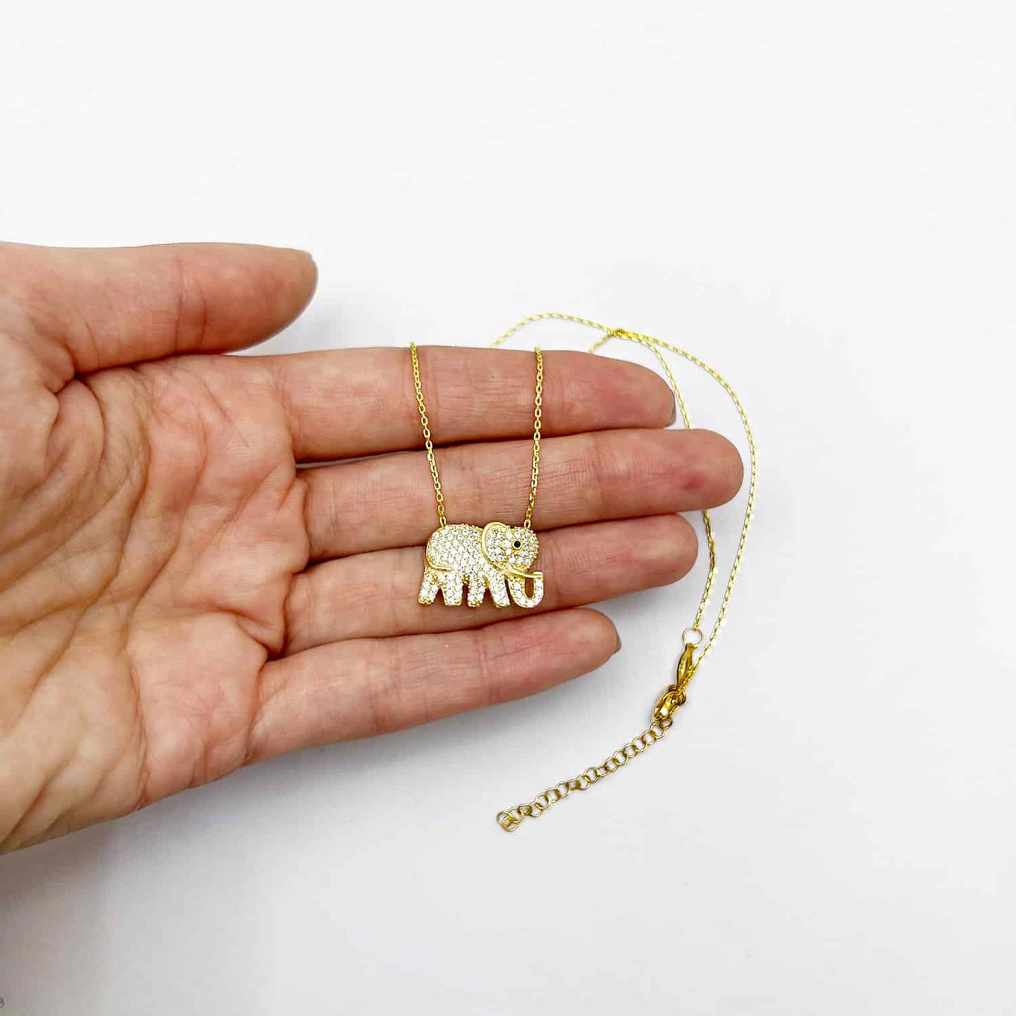 18K Gold Over Silver CZ Elephant Pendant Necklace 16"-17.5" Adjus