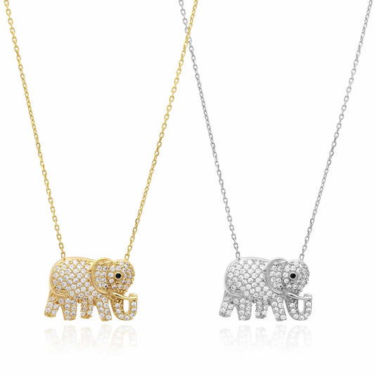 18K Gold Over Silver CZ Elephant Necklace (Hollow) Adjustable 16"-17.5"