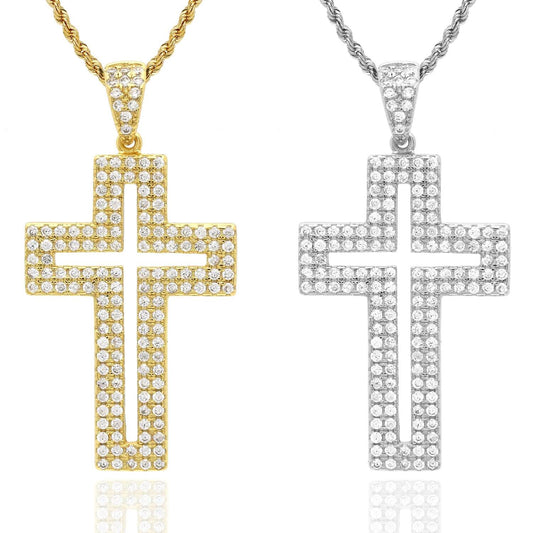 18K Gold Yellow White Over Silver CZ Pave Open Cross Pendant 1.5"