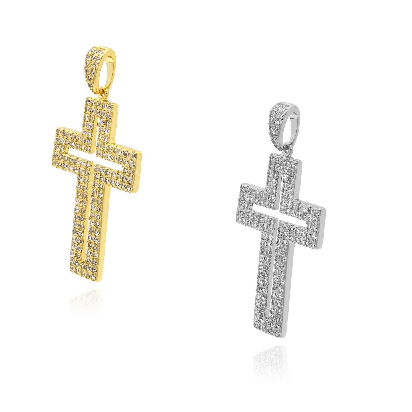 18K Gold Yellow White Over Silver CZ Pave Open Cross Pendant 1.5"