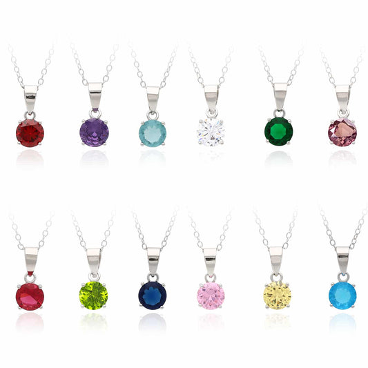 Sterling Silver Round-Cut Solitaire Birthstone Pendant Chain 16-18" Adj