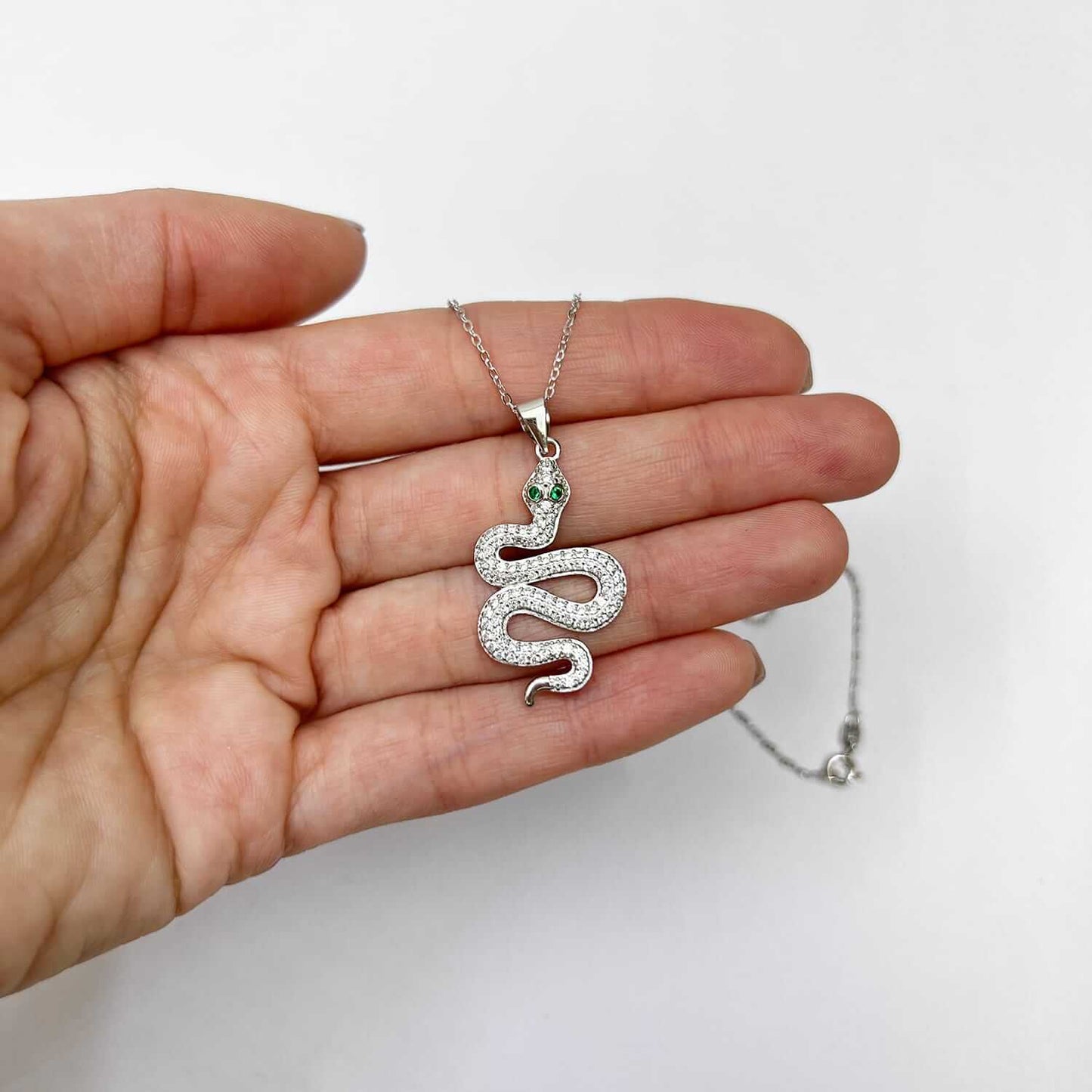 18K White Gold Over Silver CZ Emerald Snake Charm Pendant 1.4"