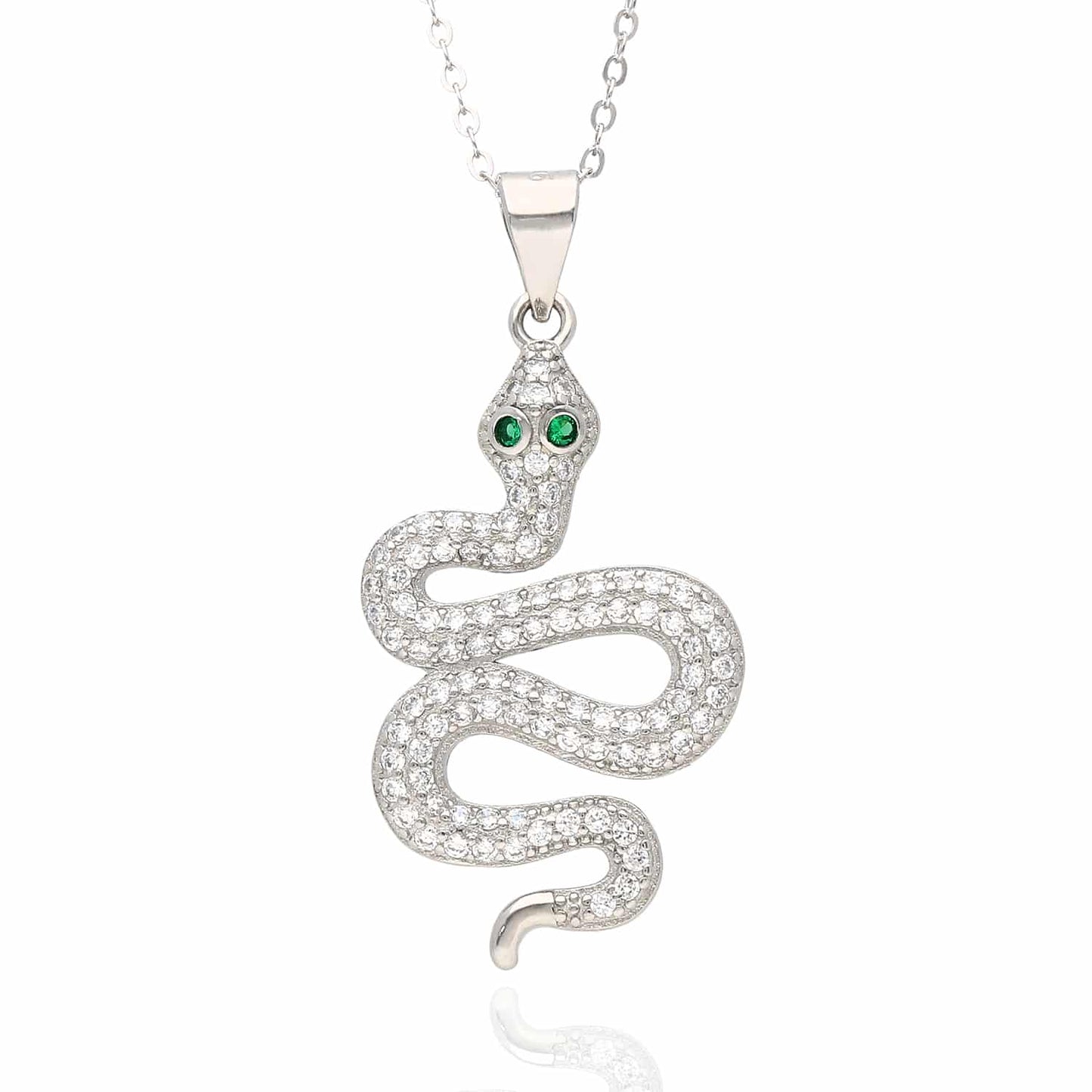 18K White Gold Over Silver CZ Emerald Snake Charm Pendant 1.4"