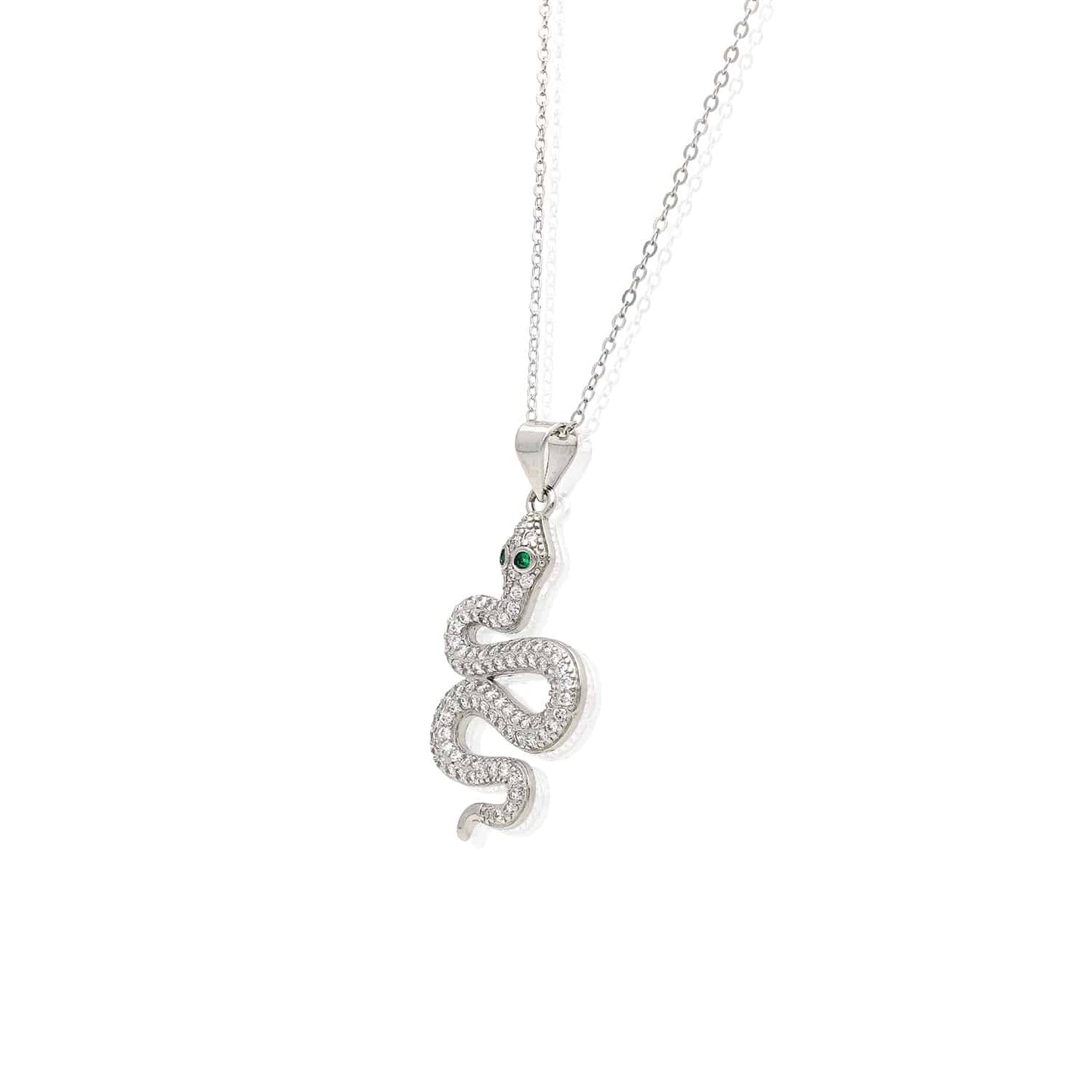18K White Gold Over Silver CZ Emerald Snake Charm Pendant 1.4"