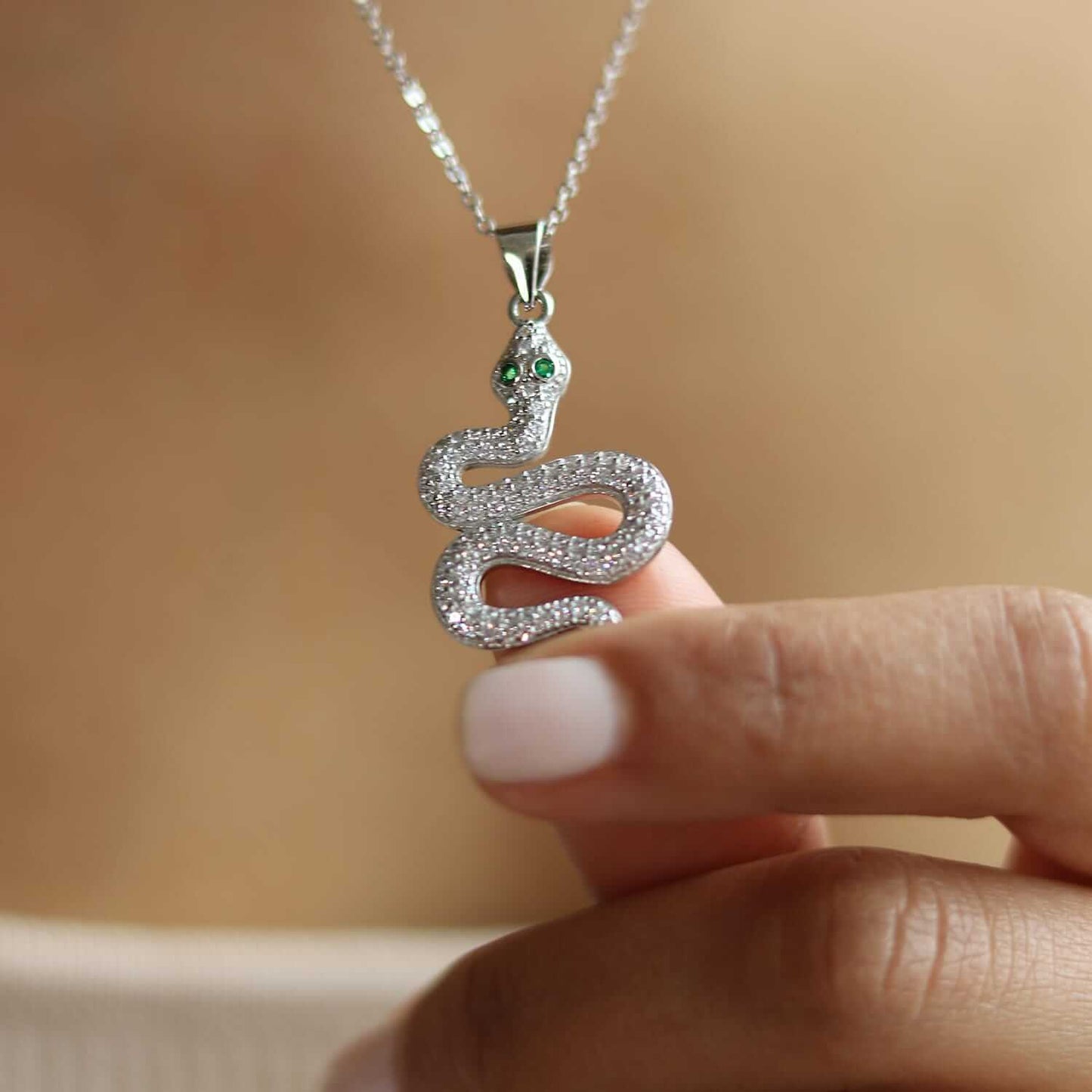 18K White Gold Over Silver CZ Emerald Snake Charm Pendant 1.4"