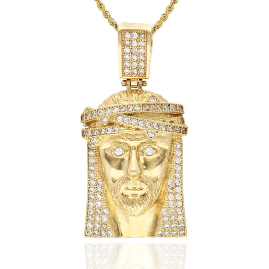 10K Yellow Gold CZ Pave Jesus Head Pendant 1.6"
