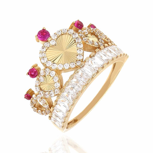 14K Yellow Gold CZ Ruby Heart Crown Ring
