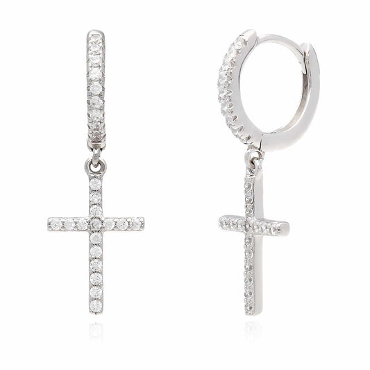 Sterling Silver CZ Cross Huggie Hoop Earrings