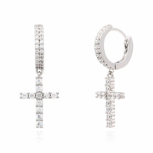 Sterling Silver CZ Cross Double Row Huggie Hoop Earrings