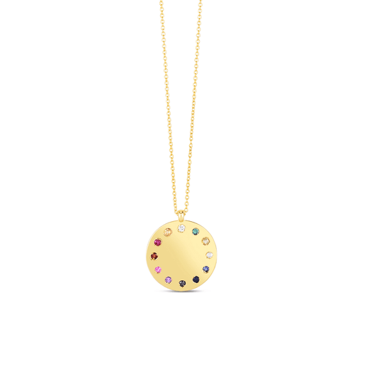 14K Yellow Gold Gemstone & Diamond Dial Medallion Necklace (Solid Links) Adjustable 16"-18"