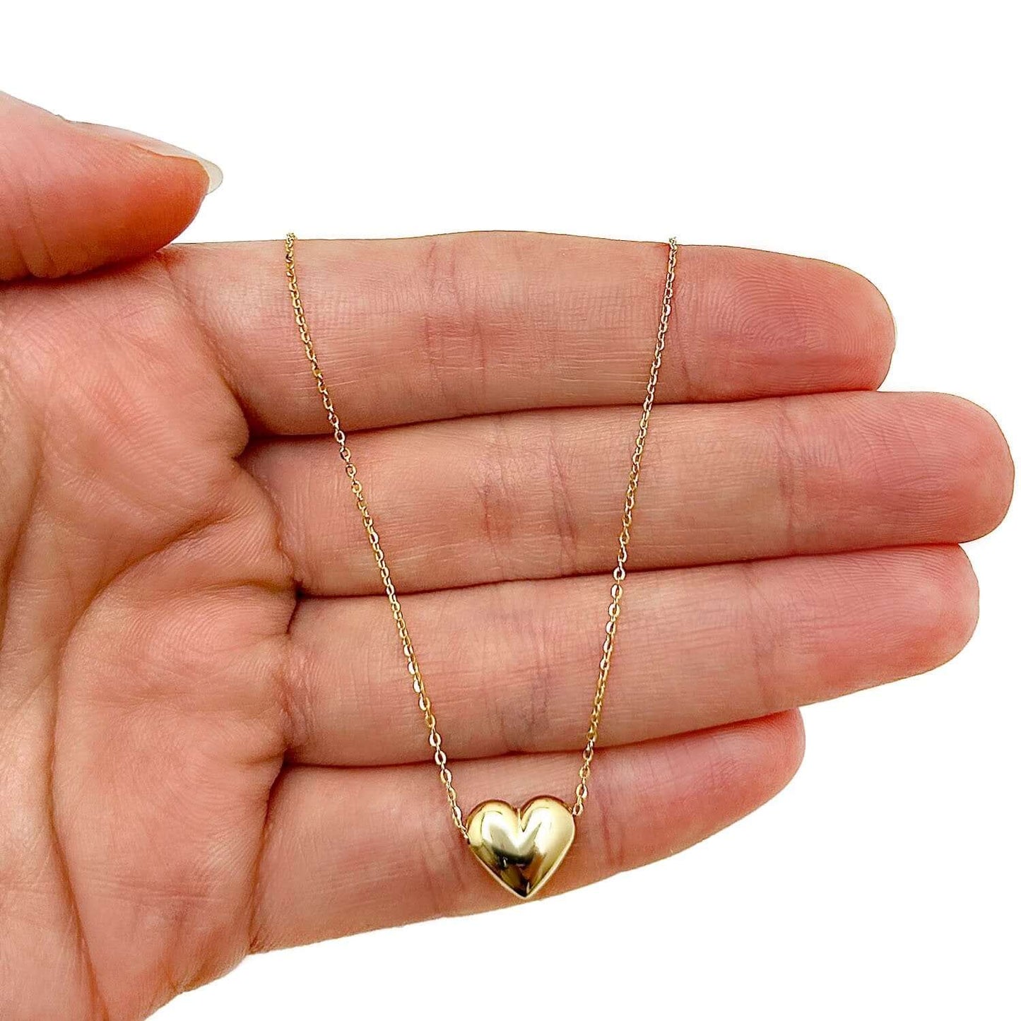 14K Gold Puffed Heart Pendant Chain Necklace 18"