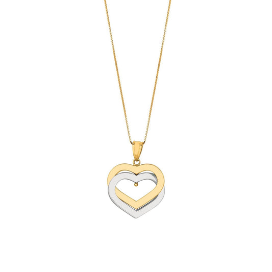 14K Yellow Gold White Two-Tone Interlocking Hearts Pendant Chain 18"