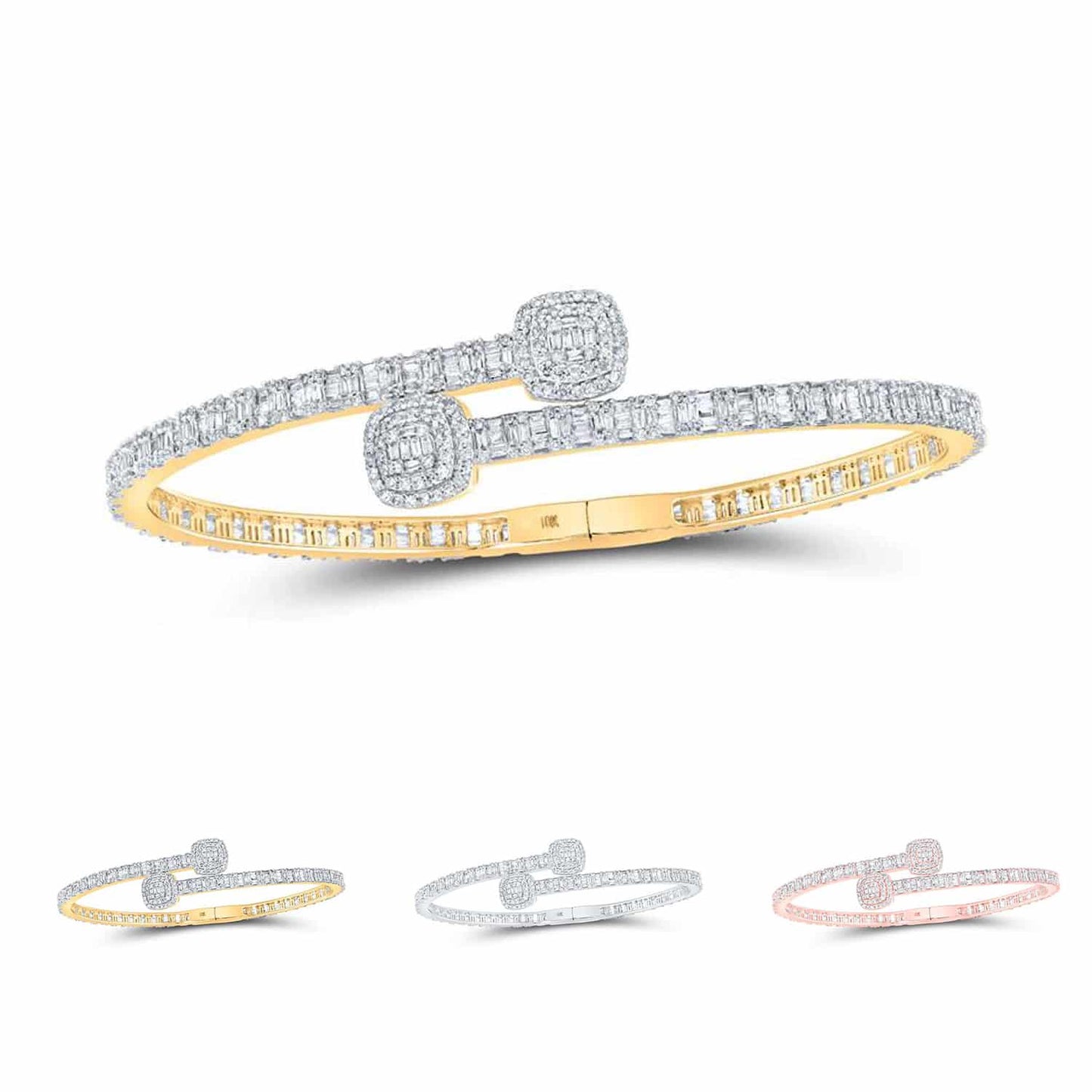 2.70CTW Real Diamond 10K Gold Yellow White Rose Two-Tone Cuff Bangle Bracelet