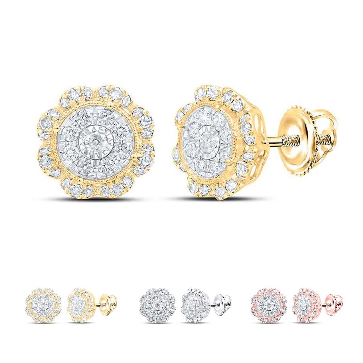 0.65CTW Real Diamond 10K Gold Yellow Rose White Flower Cluster Stud Earrings