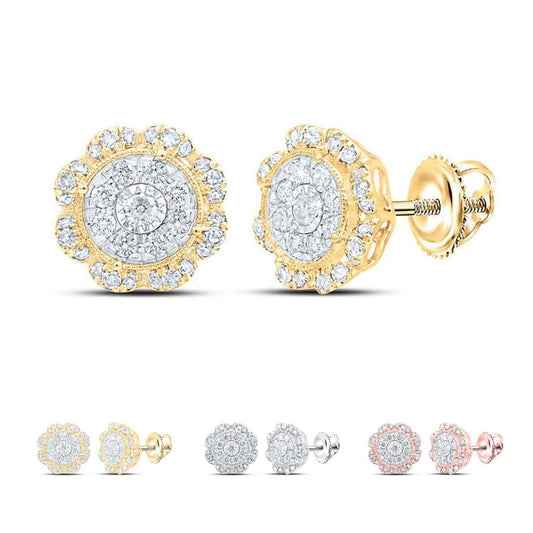 0.65CTW Natural Diamond 10K Gold Yellow Rose White Flower Cluster Stud Earrings