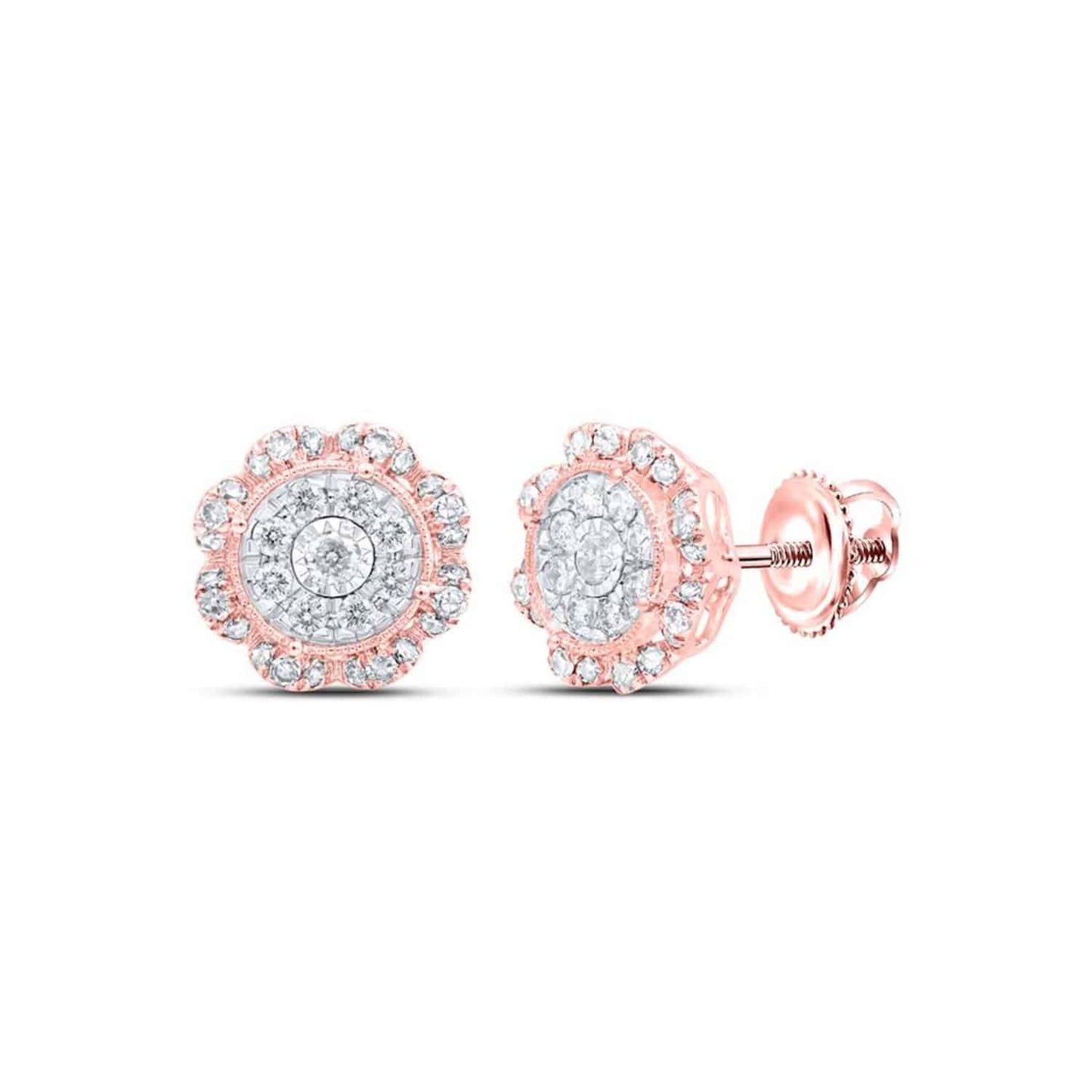 0.65CTW Real Diamond 10K Gold Yellow Rose White Flower Cluster Stud Earrings