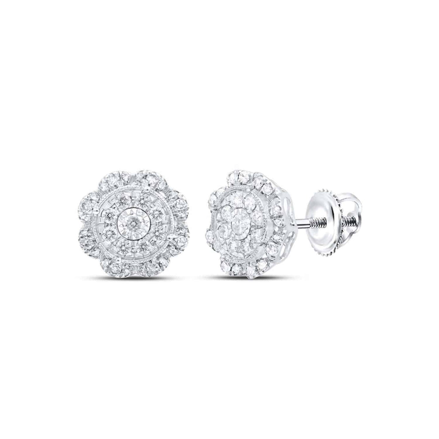 0.65CTW Real Diamond 10K Gold Yellow Rose White Flower Cluster Stud Earrings
