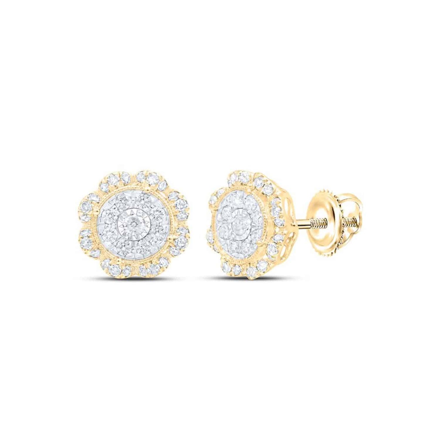 0.65CTW Real Diamond 10K Gold Yellow Rose White Flower Cluster Stud Earrings