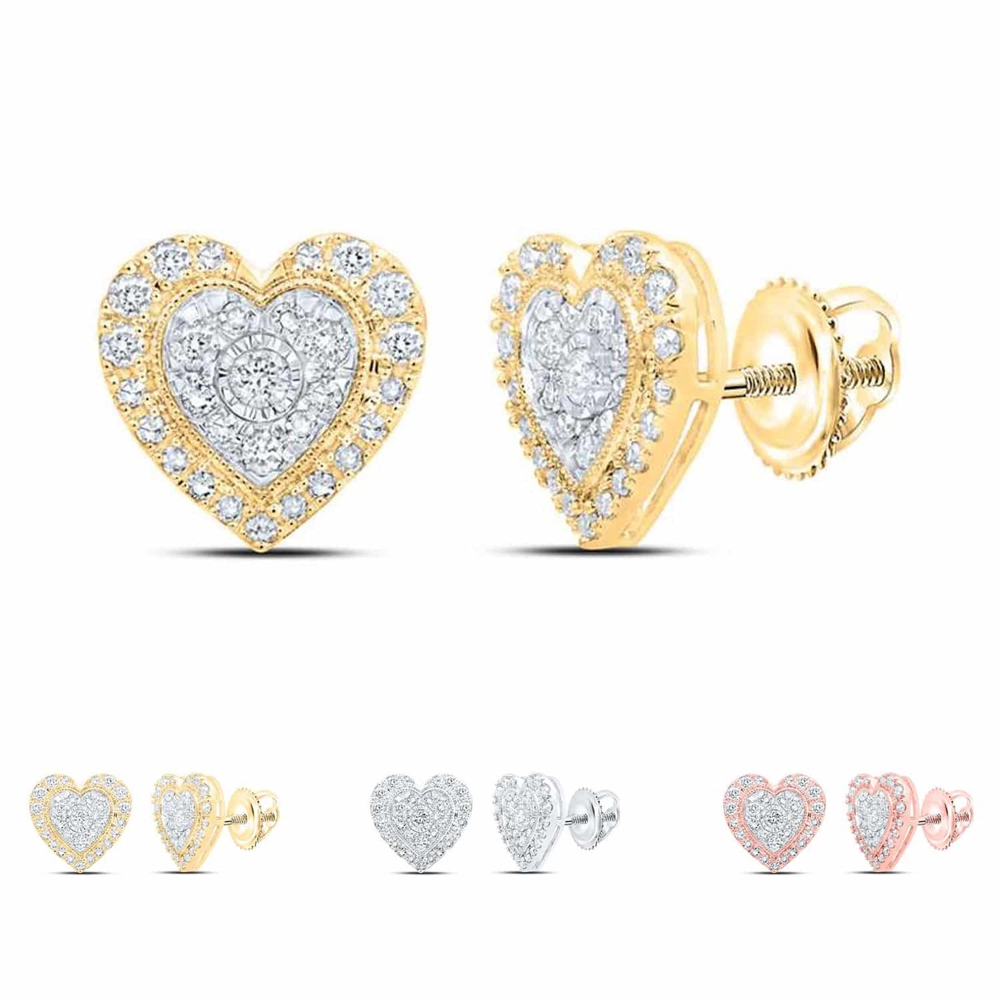 0.50CTW Real Diamond 10K Gold Yellow Rose White Heart Stud Earrings