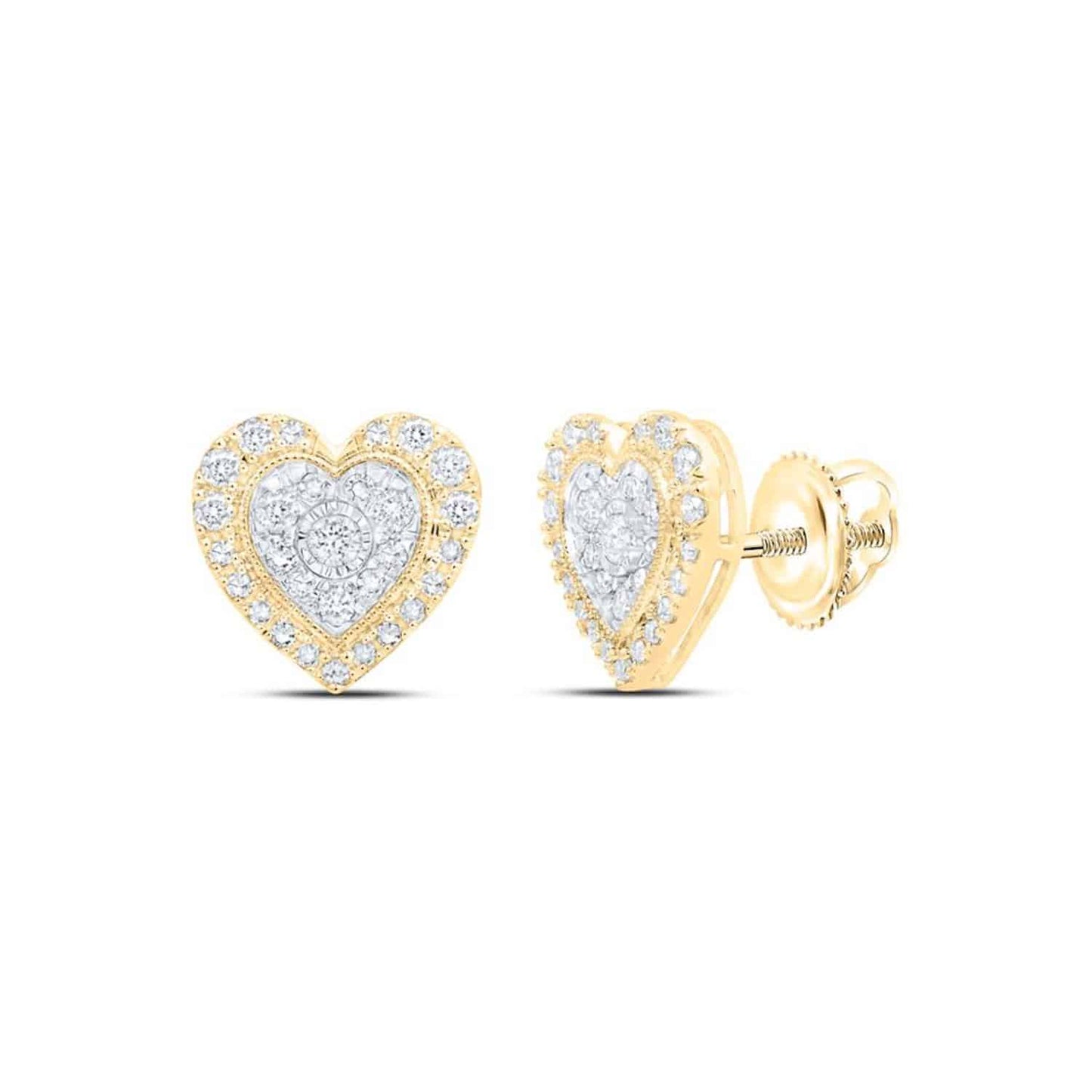 0.50CTW Real Diamond 10K Gold Yellow Rose White Heart Stud Earrings