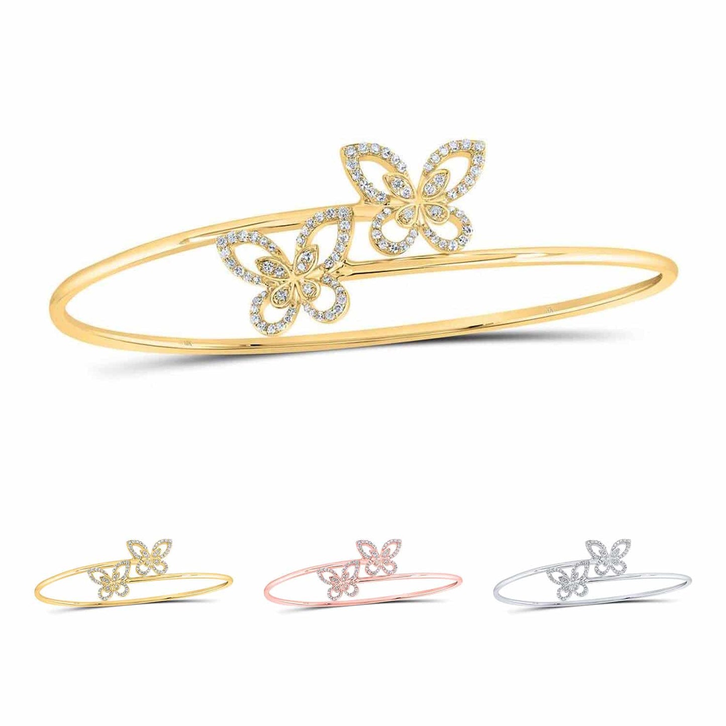 .40CTW Real Diamond 10K Gold Yellow White Rose Butterfly Bangle Bracelet 7.5"