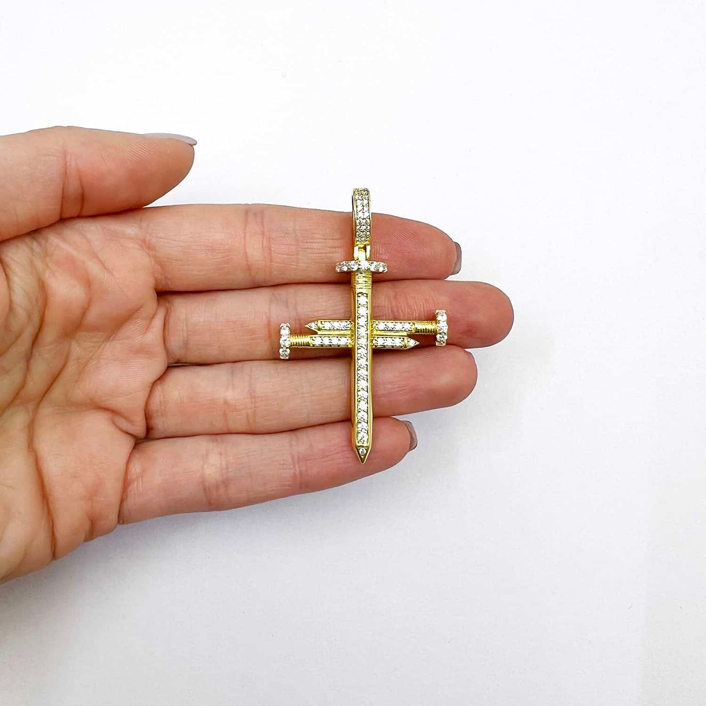 1.65CTW CZ Pave 18K Gold Over Silver Nail Cross Charm Pendant