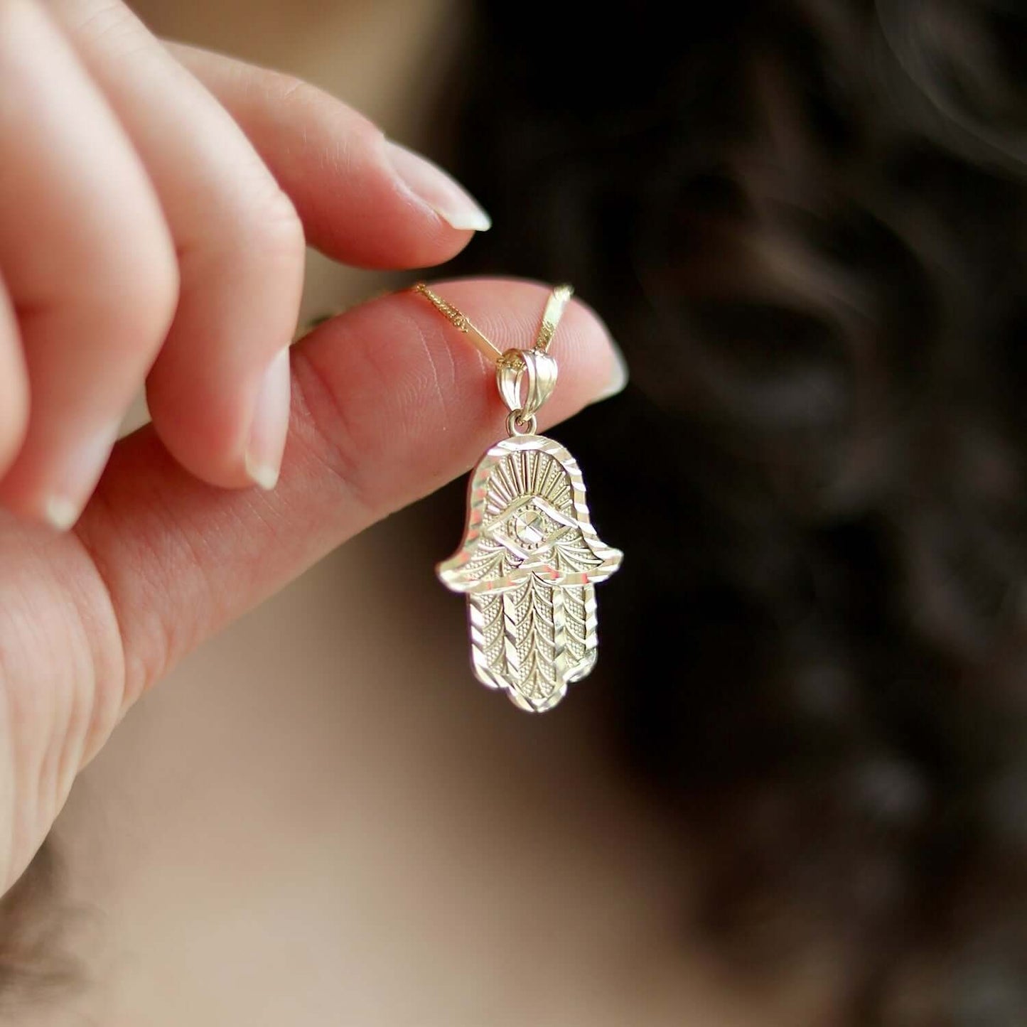 10K Yellow Gold Diamond-Cut Hamsa Hand Pendant 1.3"