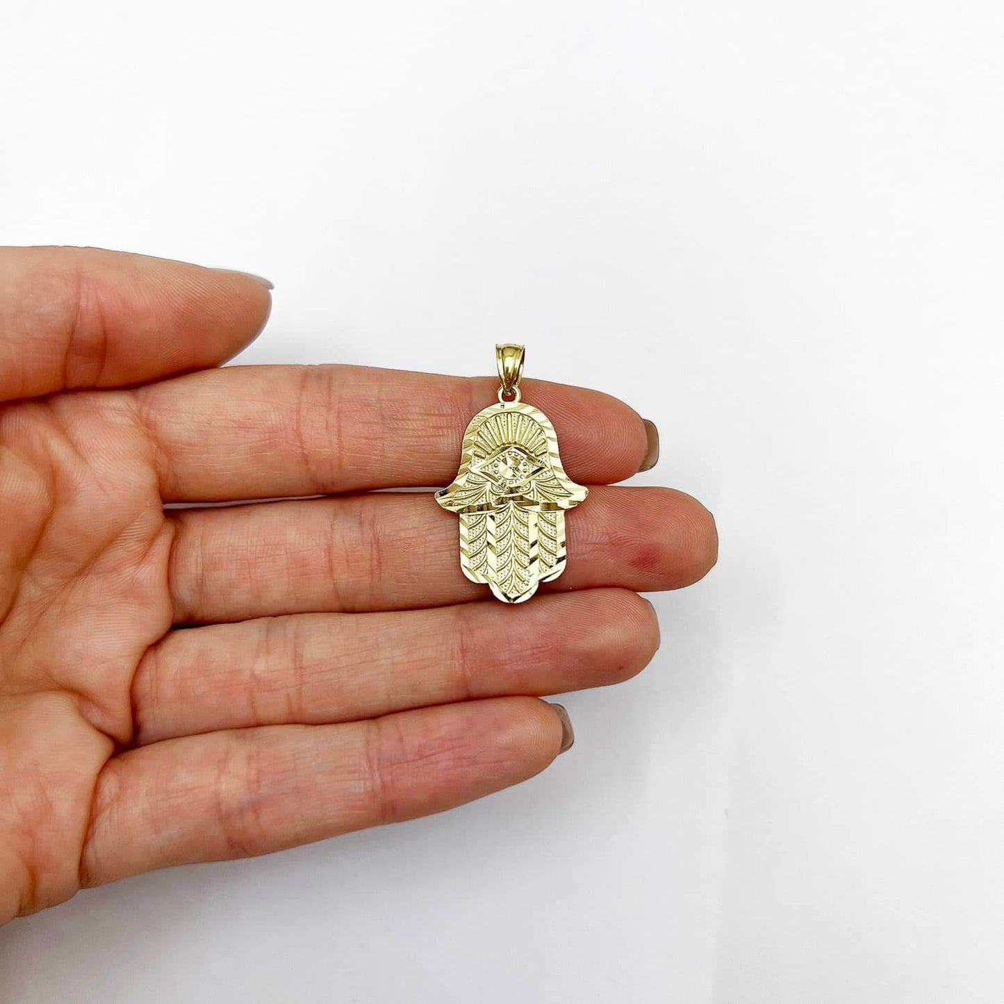 10K Yellow Gold Diamond-Cut Hamsa Hand Pendant 1.3"