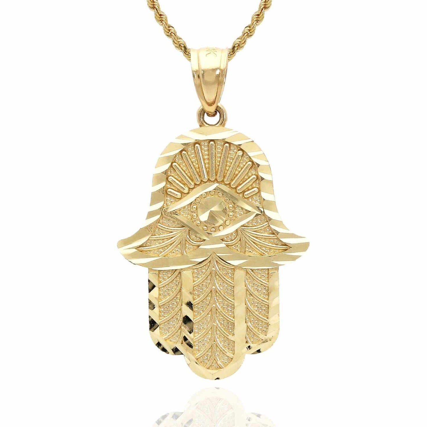 10K Yellow Gold Diamond-Cut Hamsa Hand Pendant 1.3"