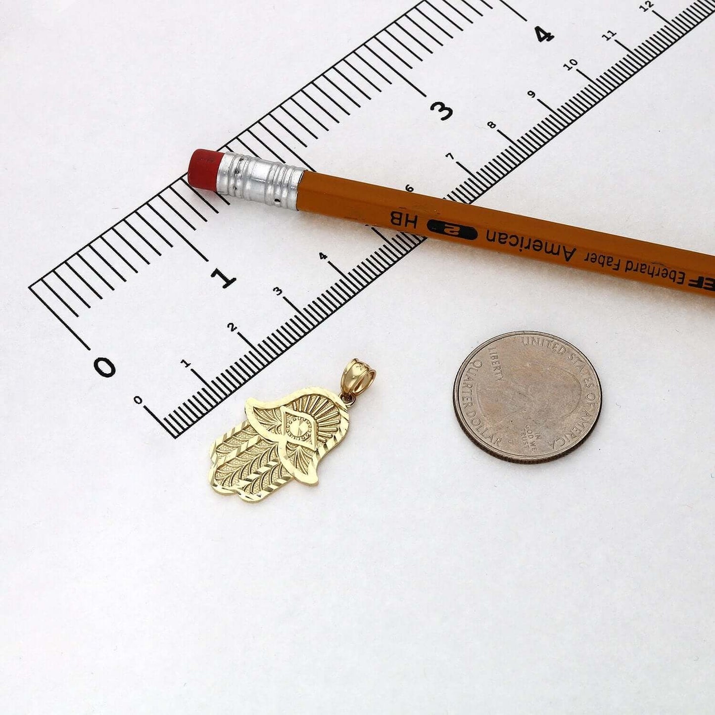 10K Yellow Gold Diamond-Cut Hamsa Hand Pendant 1.3"