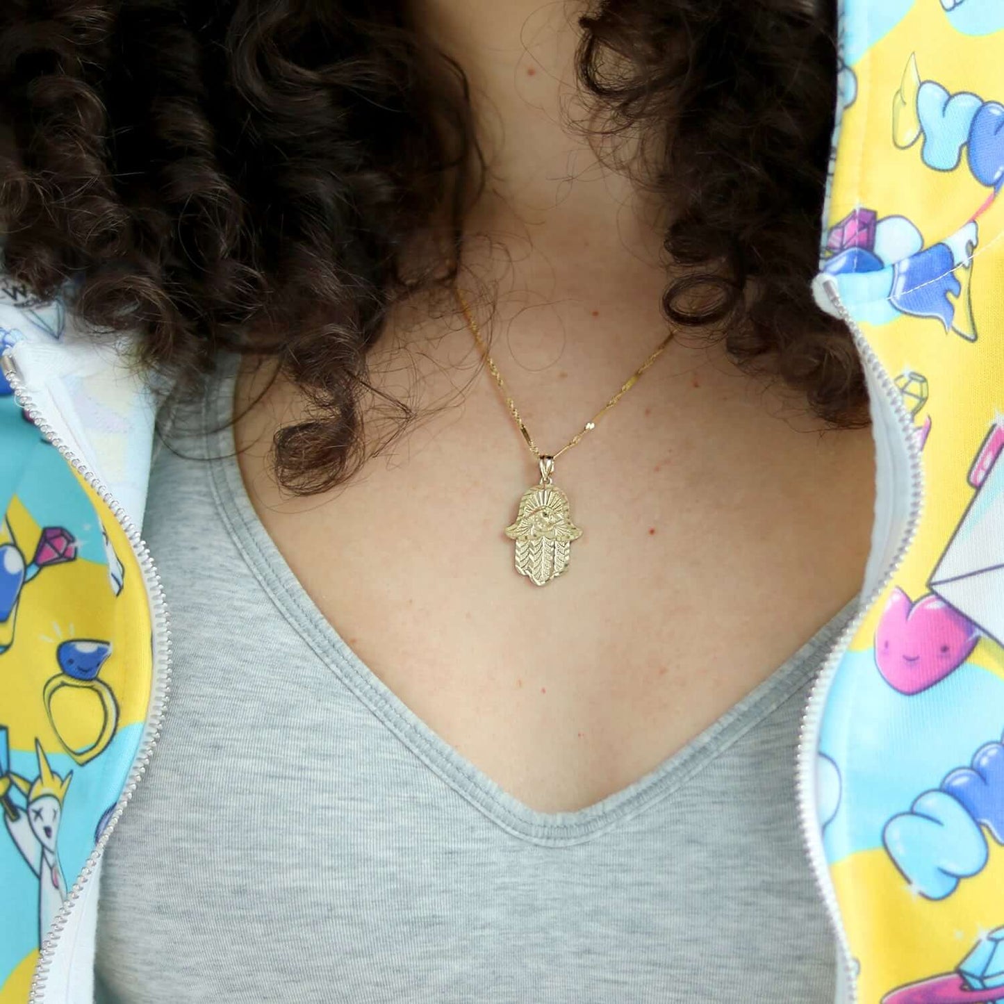 10K Yellow Gold Diamond-Cut Hamsa Hand Pendant 1.3"