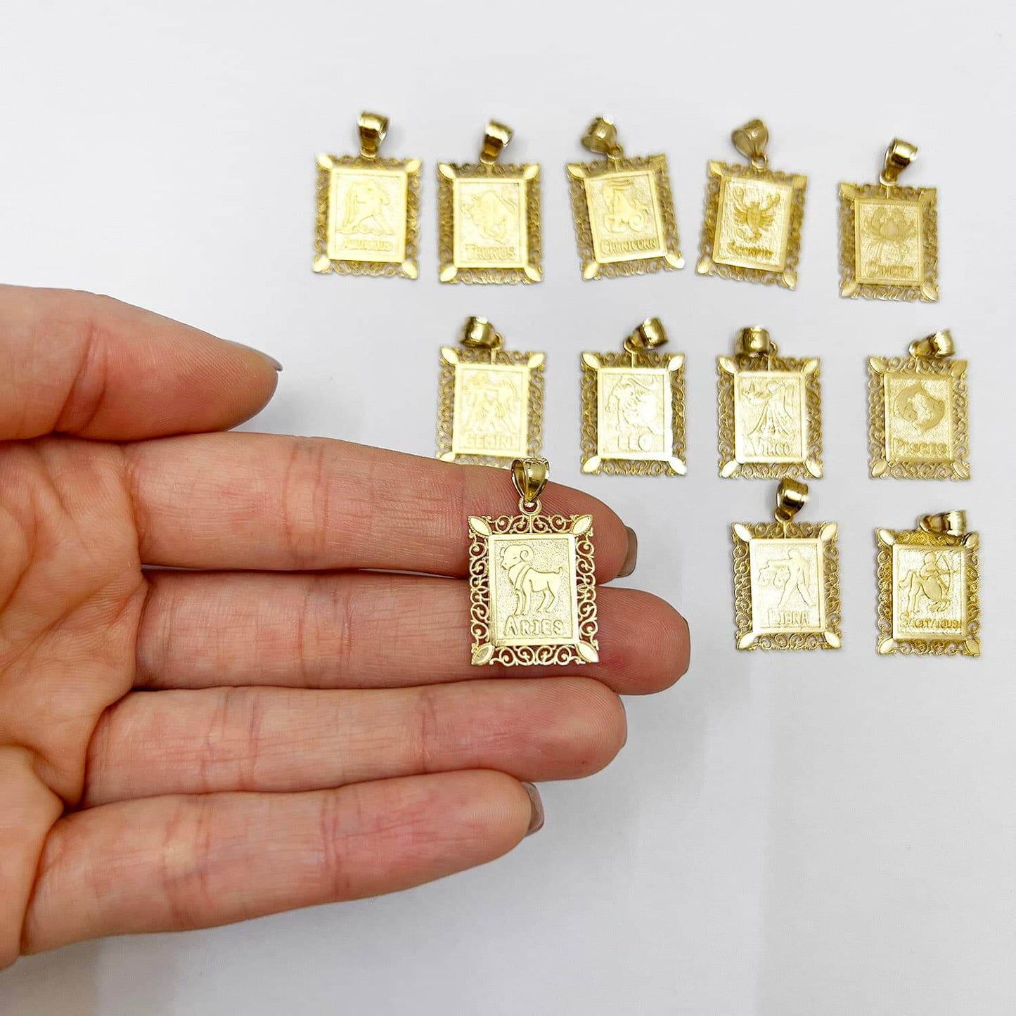 10K Yellow Gold Filigree Milgrain Frame Rectangular Charm Zodiac Sign Pendant