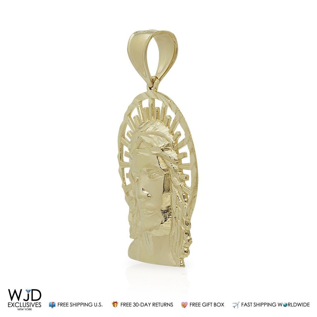 10K Real Yellow Gold Diamond Cut Religious Jesus Charm Pendant 1.5"