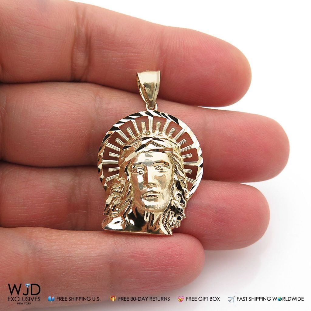 10K Real Yellow Gold Diamond Cut Religious Jesus Charm Pendant 1.5"