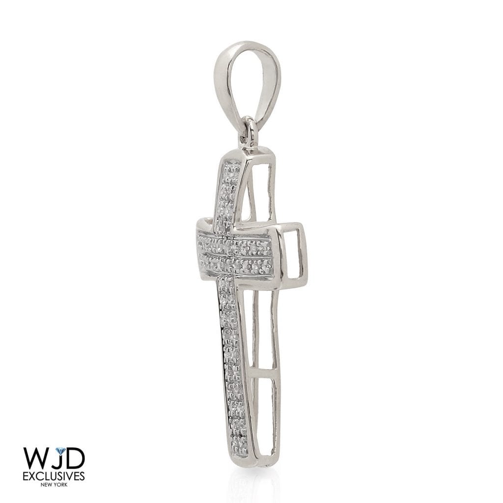 0.12CT Real Diamond 10K Solid White Gold Cross Religious Pendant 1"