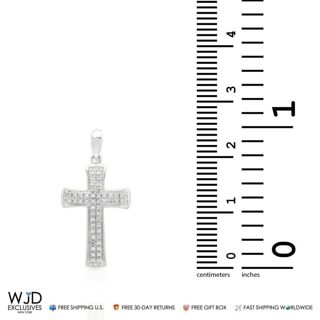 0.12CT Real Diamond 10K Solid White Gold Cross Religious Pendant 1"
