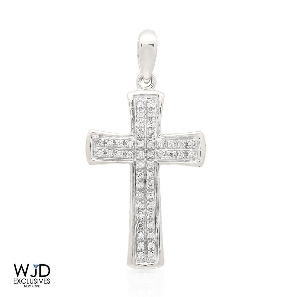 0.12CT Real Diamond 10K Solid White Gold Cross Religious Pendant 1"