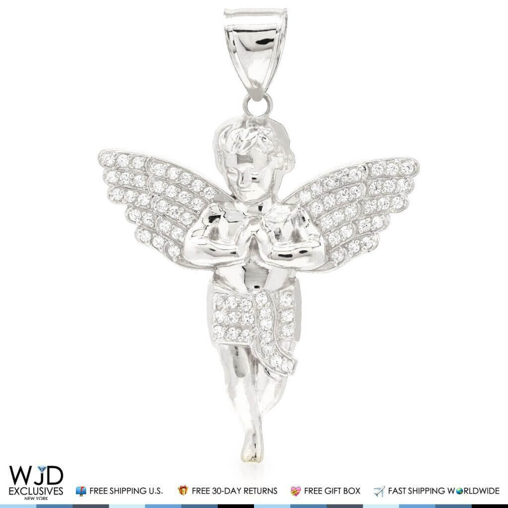 10K Yellow White Gold 1.50Ct CZ Angel Pendant 2.5"