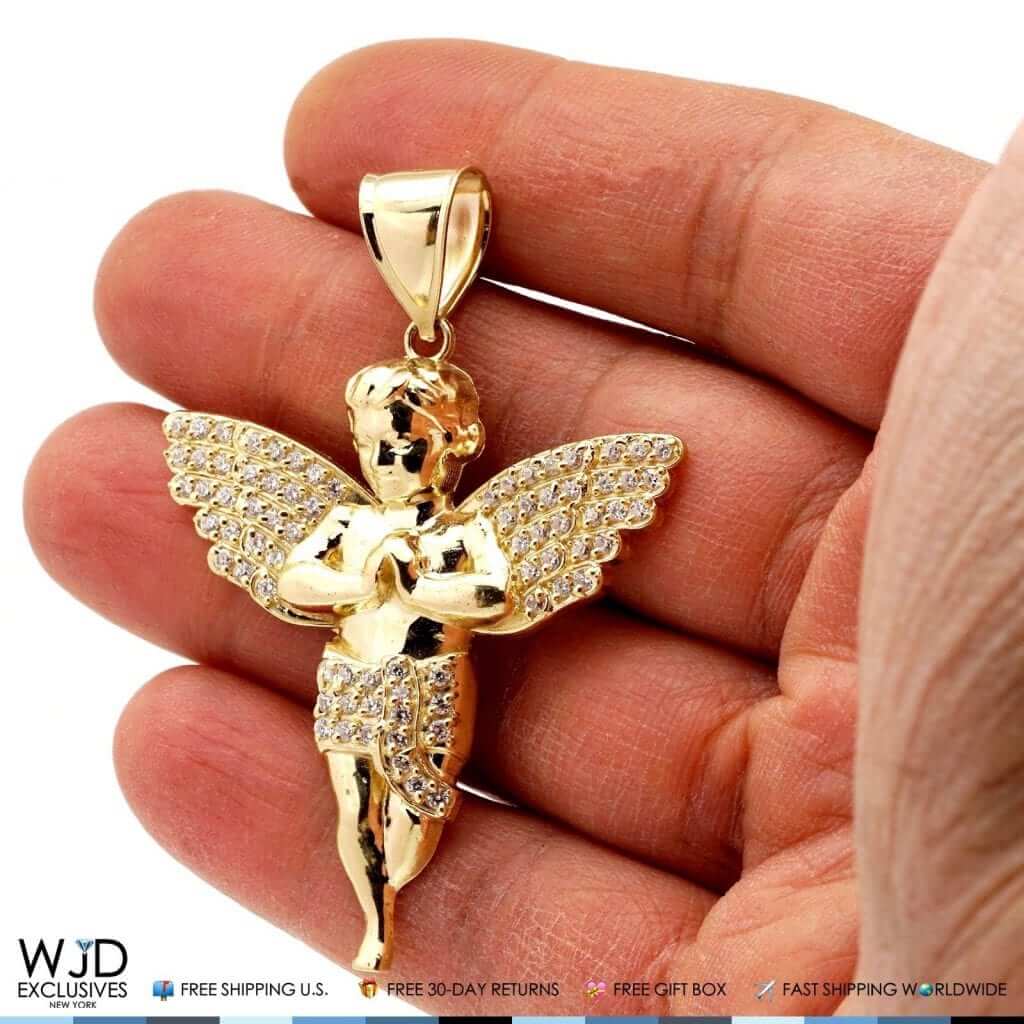 10K Yellow White Gold 1.50Ct CZ Angel Pendant 2.5"