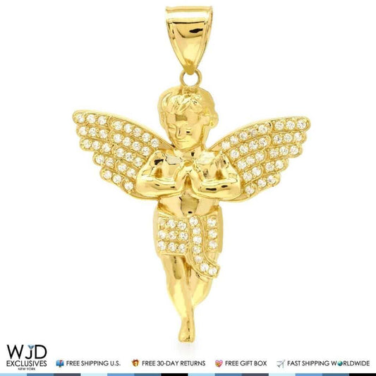 10K Yellow White Gold 1.50Ct CZ Angel Pendant 2.5"