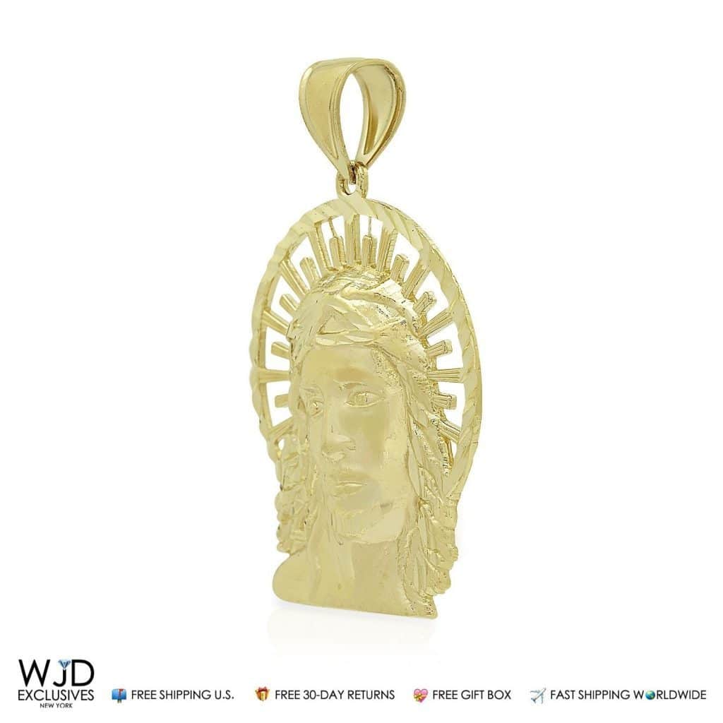 Solid 10K Real Gold Diamond-Cut Jesus Religious Charm Pendant 2"