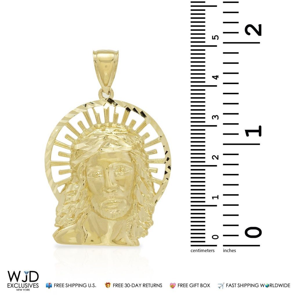 Solid 10K Real Gold Diamond-Cut Jesus Religious Charm Pendant 2"