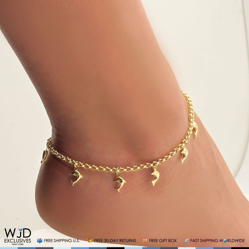 10K Yellow Gold Dolphin Rolo Spring Ring Clasp Anklet Bracelet 10"